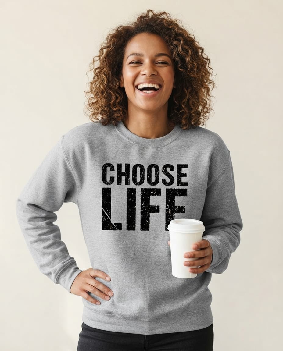 Humorvolles Sweatshirt mit dem Aufdruck „Choose Life“